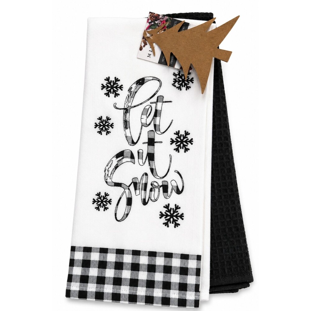 Christmas Dish Towels Set of 2 Let It Snow Embroidered Buffalo Check Snowflakes